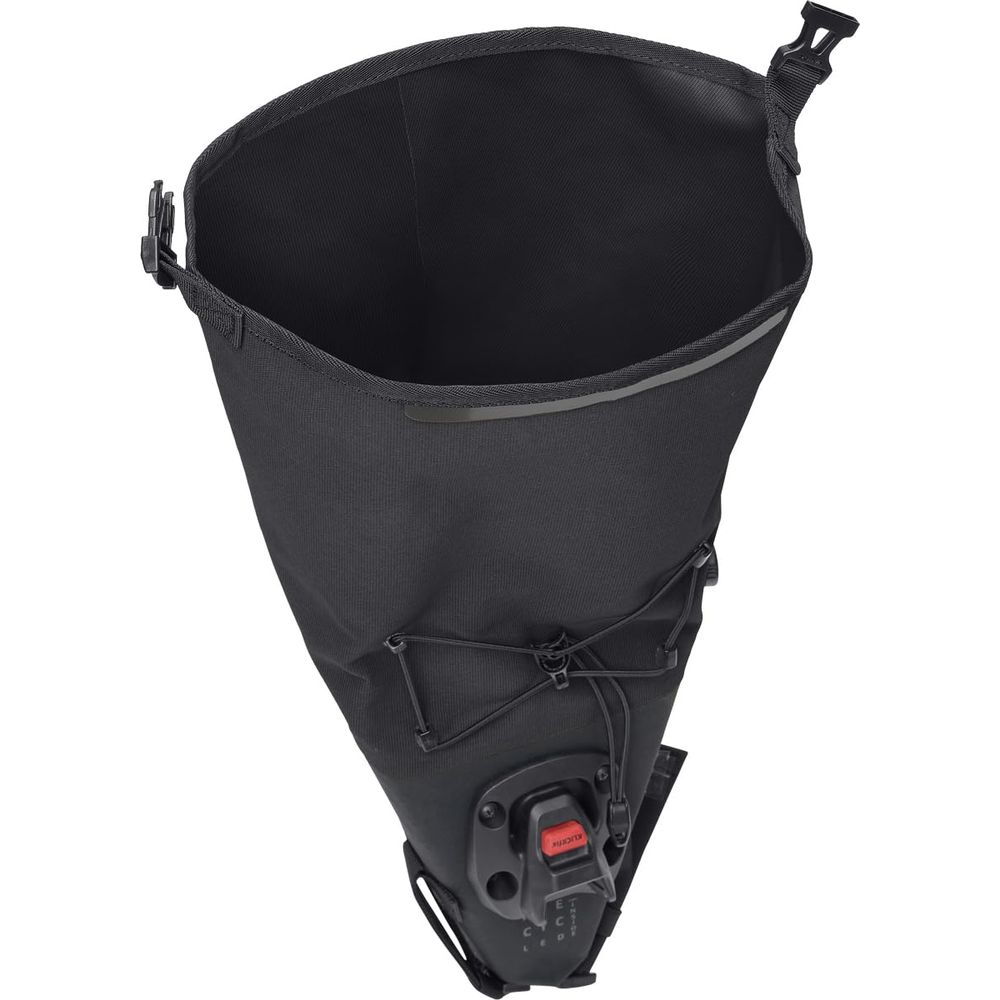 Sac de guidon de vélo noir, conique, avec fixation à clic et cordons.