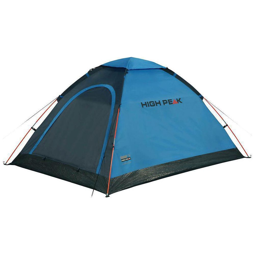 Una tenda blu e grigia con la scritta "HIGH PEAK" sulla sezione blu.