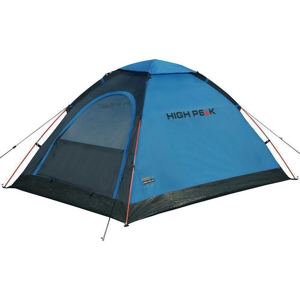 Tenda da campeggio High Peak blu e nera con porta in rete e accenti arancioni.
