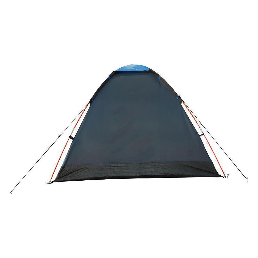 Una tenda scura montata con cappuccio blu e pali rossi.