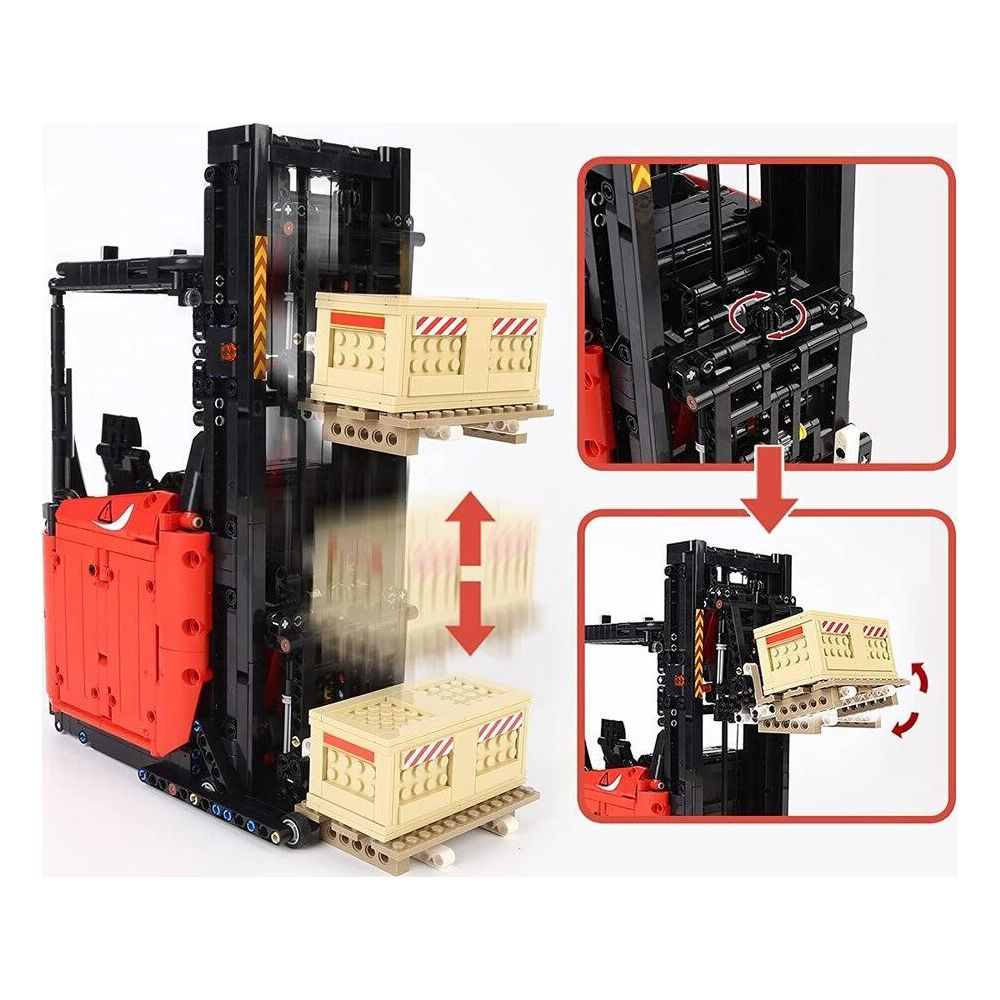 Un chariot élévateur Lego soulève et abaisse des caisses. Montre des mécanismes détaillés.