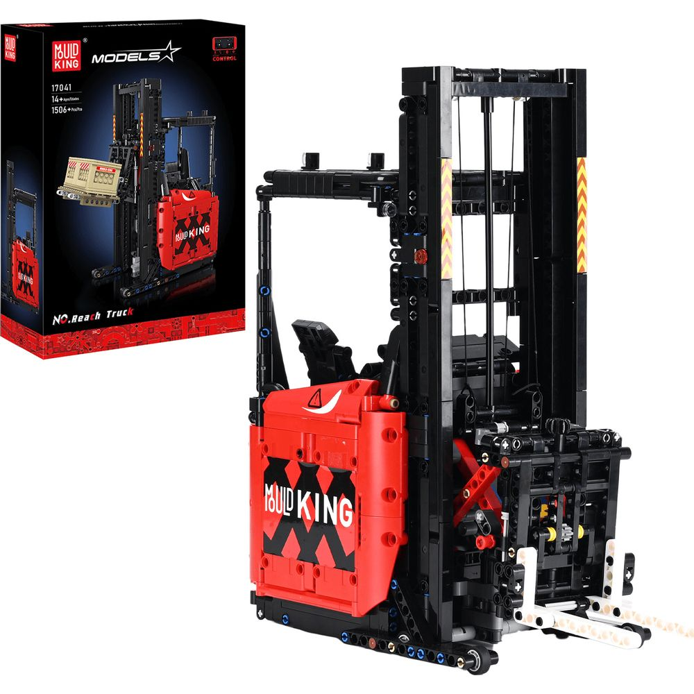 Un modèle détaillé de chariot élévateur jouet de construction noir et rouge avec sa boîte.