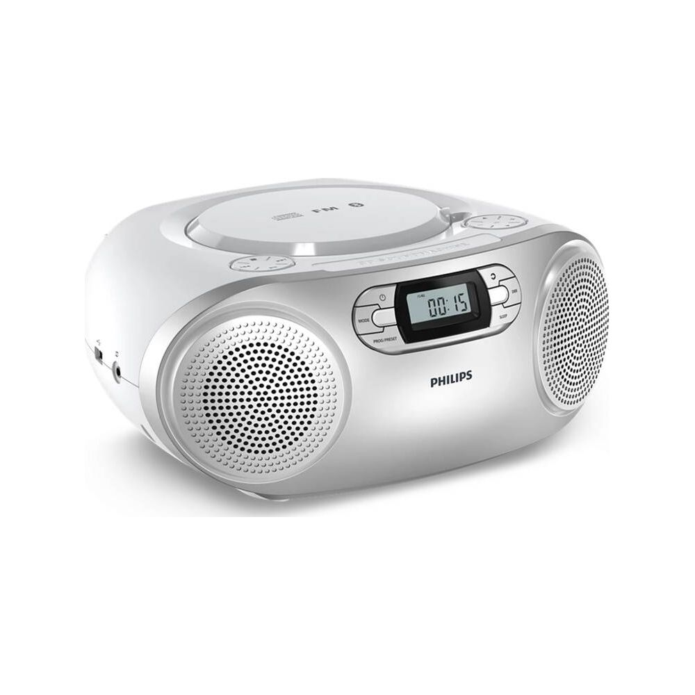 Un lecteur CD Philips blanc avec haut-parleurs et écran numérique.