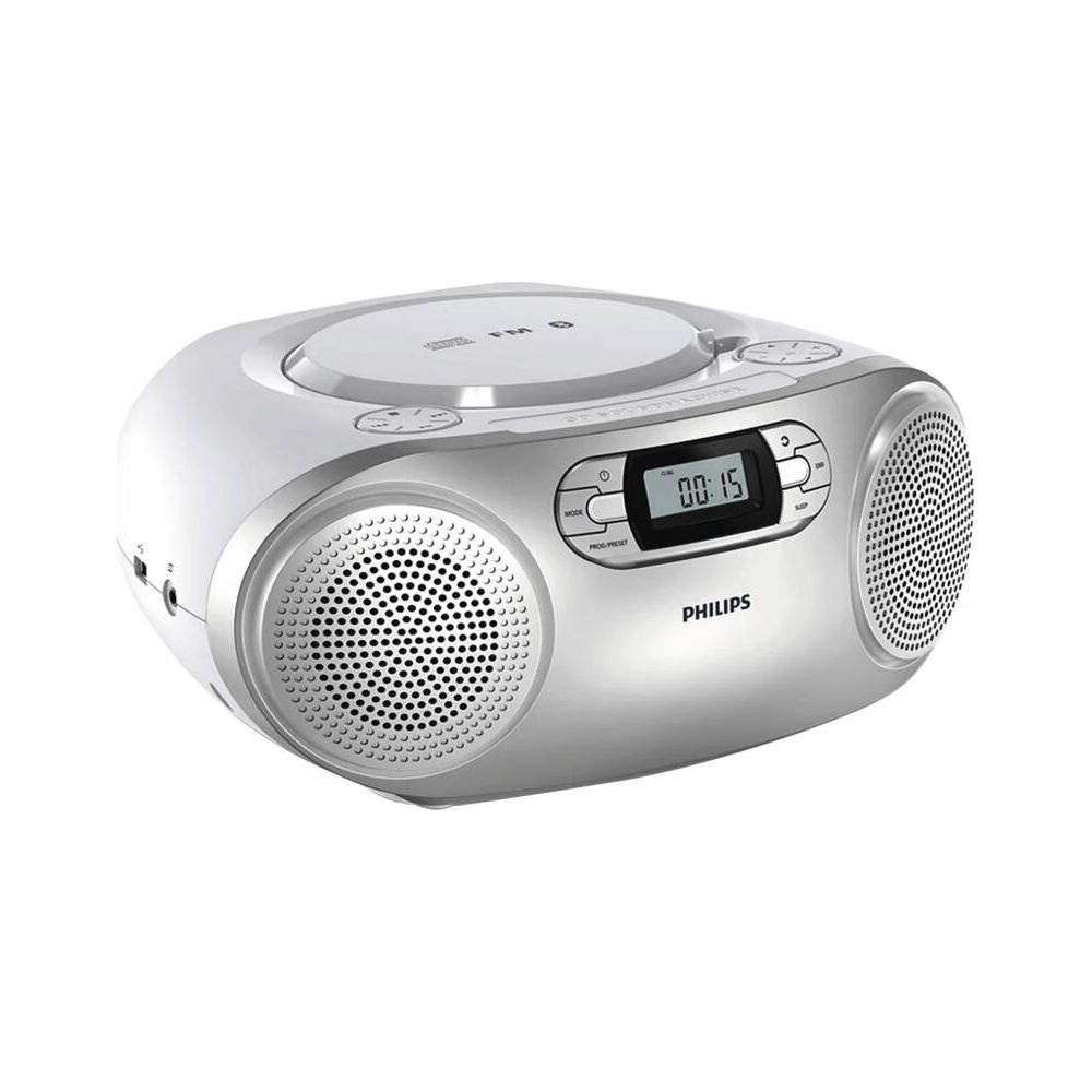 Lecteur CD Philips argenté avec haut-parleurs et écran numérique.