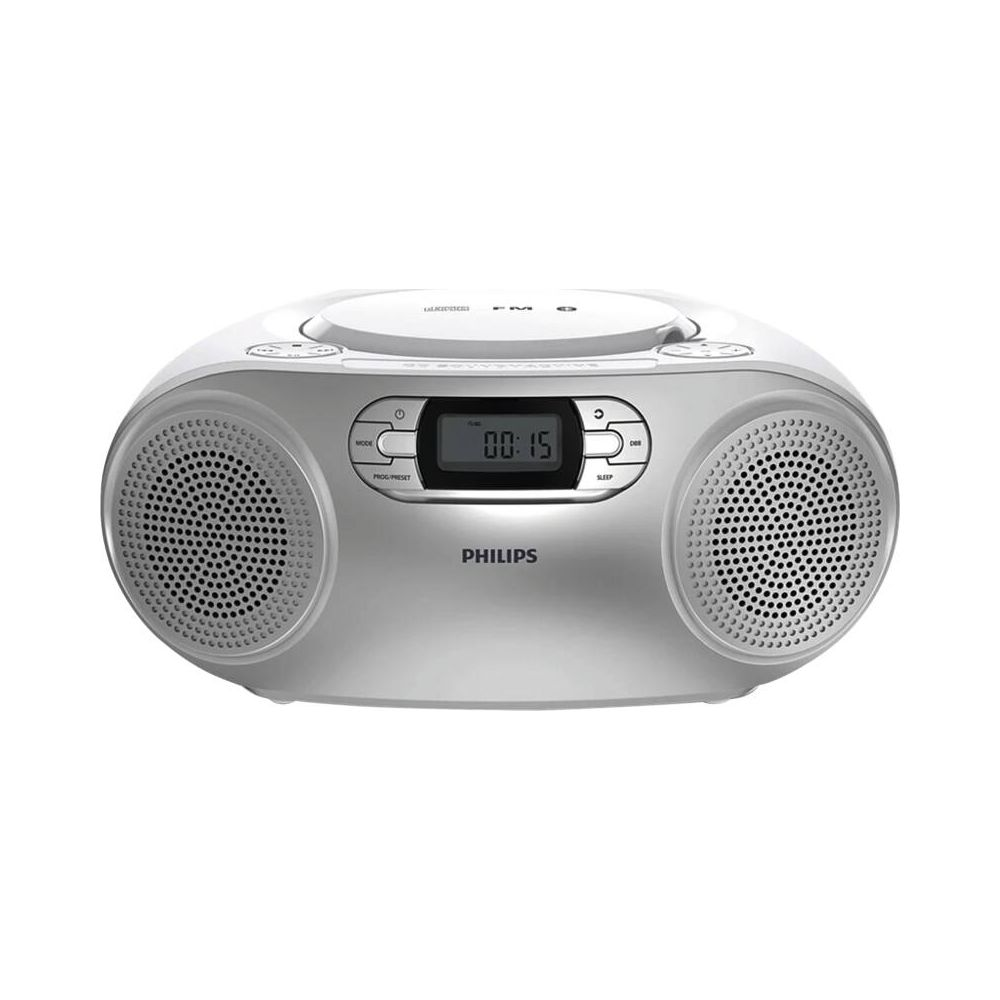 Un lecteur CD Philips blanc avec deux haut-parleurs et un écran numérique affichant 00:15.