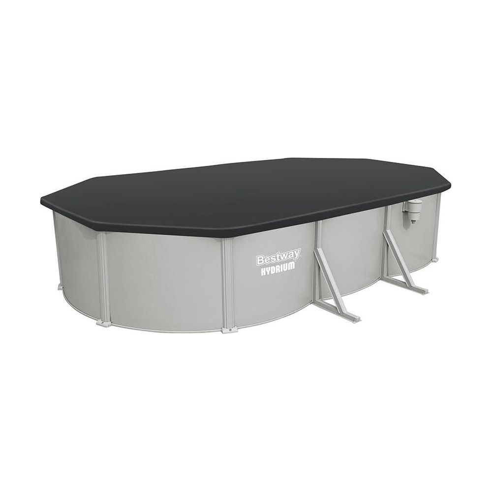 Piscine ovale Bestway Hydrium avec murs gris, supports métalliques et couverture noire.