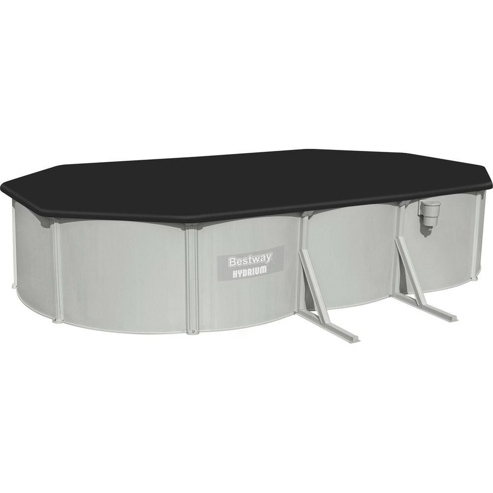 Une piscine hors-sol Bestway Hydrium grise avec couverture noire, soutenue par cadre métallique.