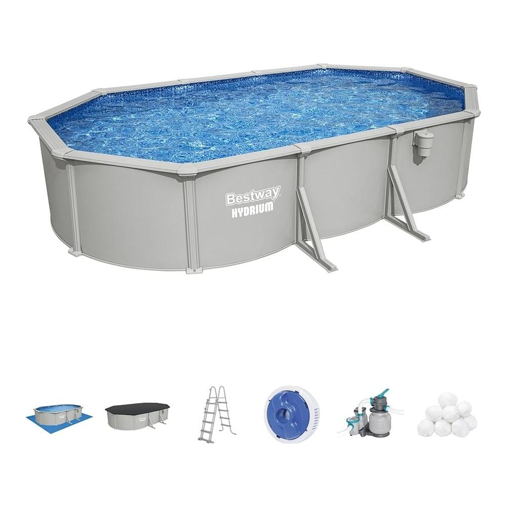 Une piscine hors-sol ovale avec logo Bestway Hydrium, accessoires et petites piscines.