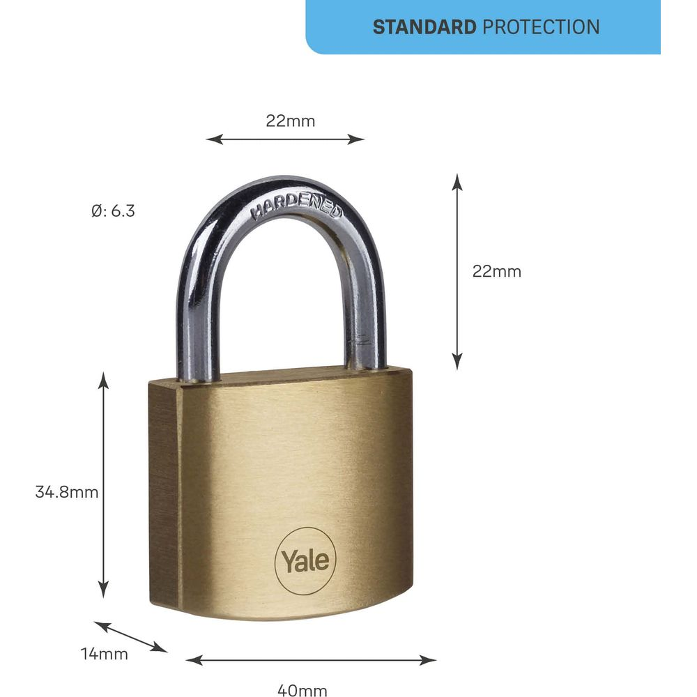 Un lucchetto Yale in ottone con arco argentato, dimensioni indicate.