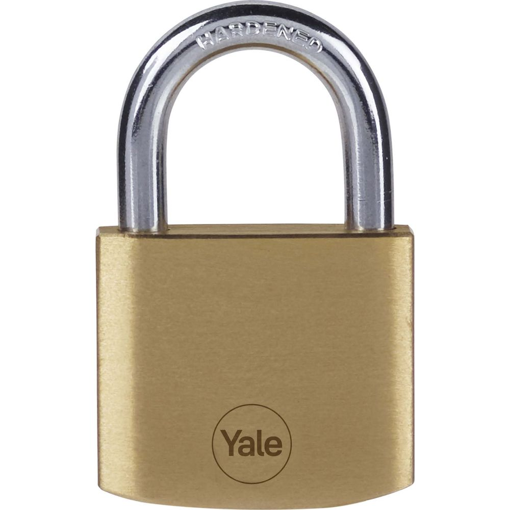 Un lucchetto in ottone con arco argentato, etichettato HAR DENED.