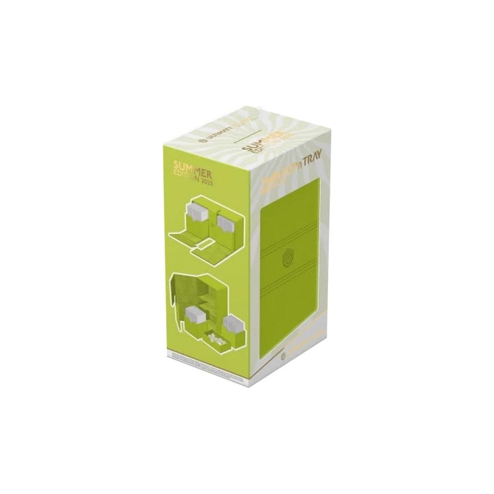 Boîte verte avec impression édition été et images de compartiments à cartes.
