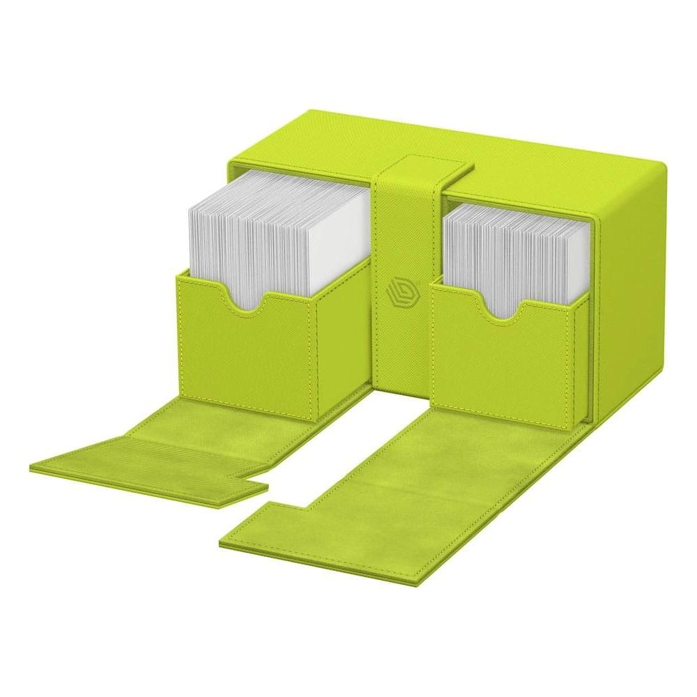 Un porte-cartes vert vif avec deux compartiments, chacun rempli de cartes blanches.