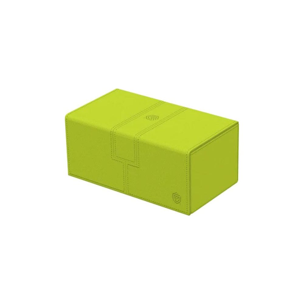 Une boîte vert lime avec des détails cousus et des logos en relief sur fond blanc.