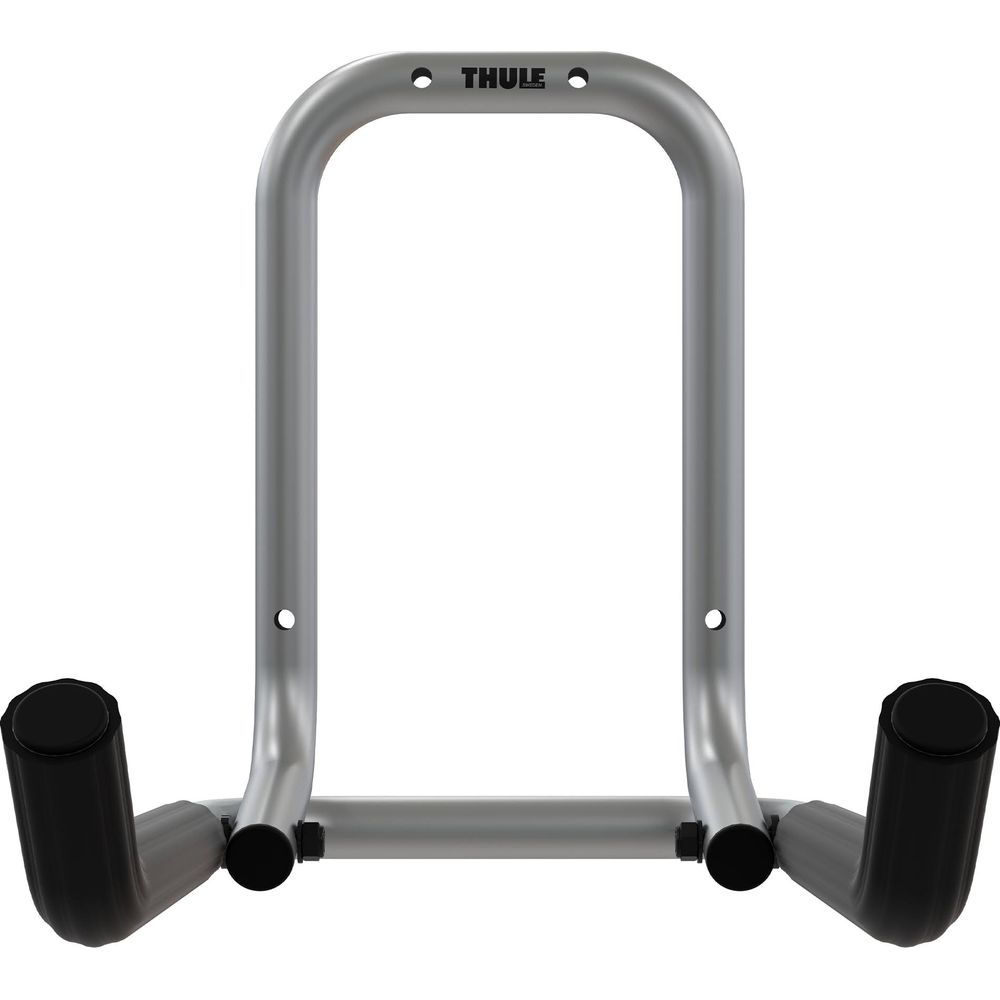 Silberner Thule Fahrradträger mit schwarzen Griffen.