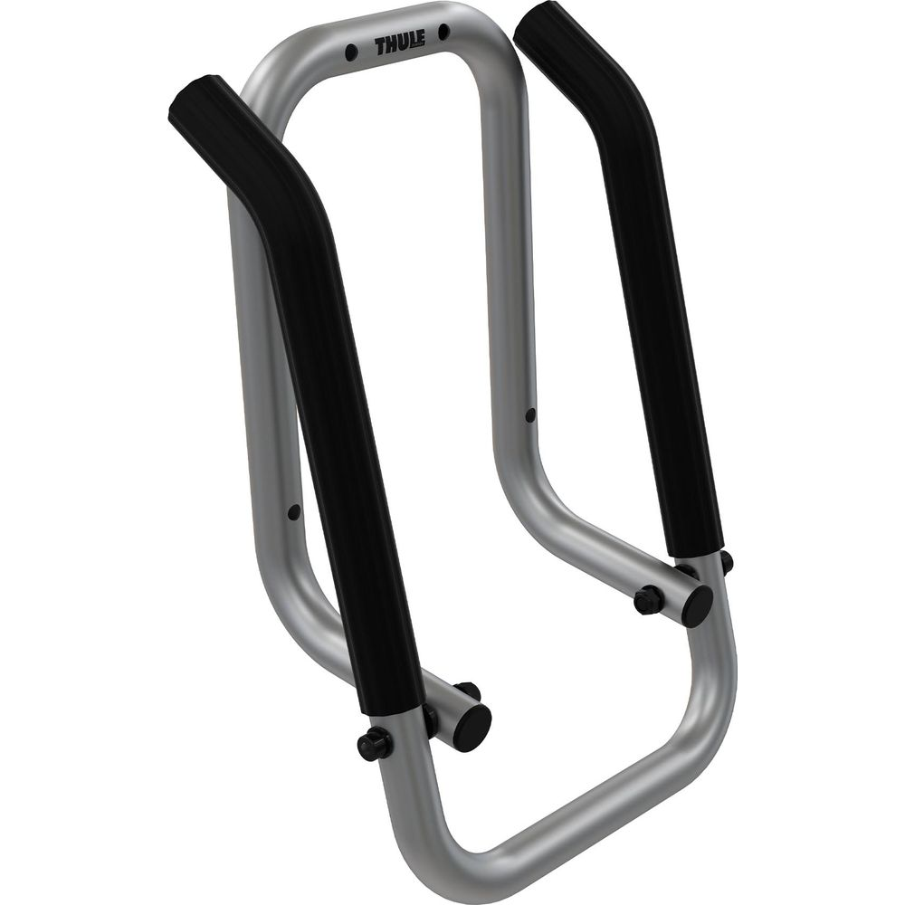 Ein silberner Fahrradständer mit schwarzen Griffen, Marke Thule.