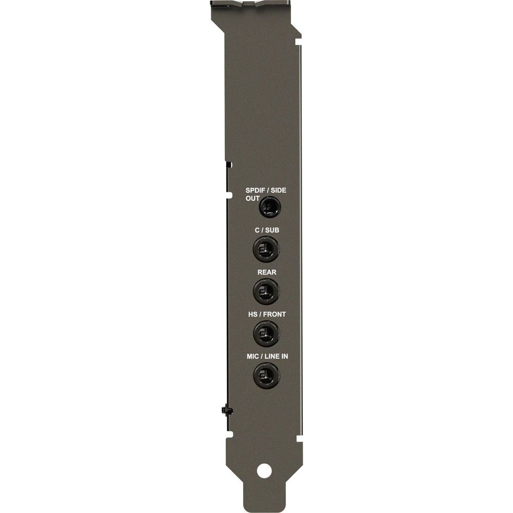 Scheda audio grigia con porte: SPDIF, C/SUB, REAR, HS/FRONT, MIC/LINE IN.
