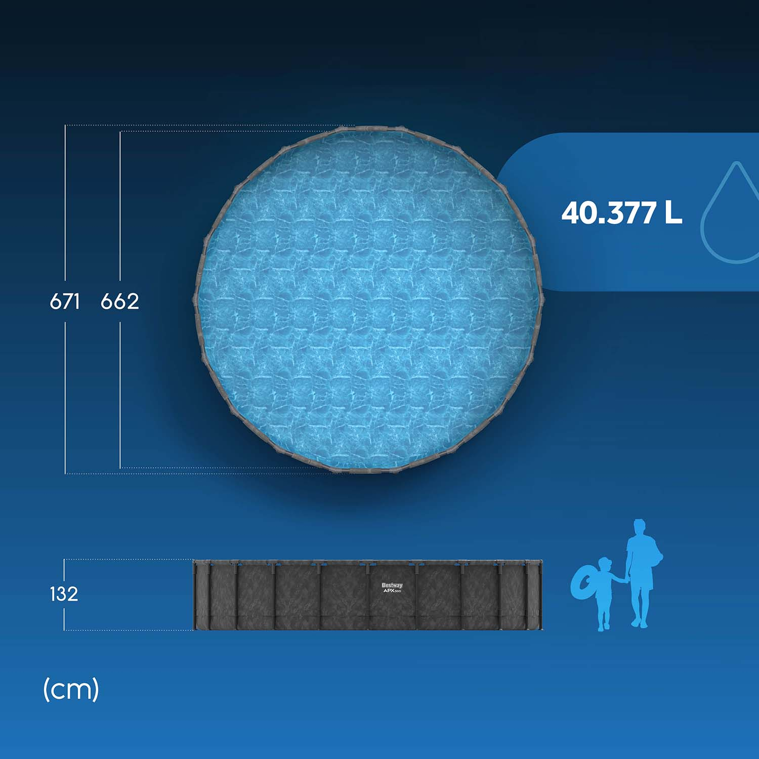 Basen dmuchany o pojemności 40.377 L i wysokości 662 cm.