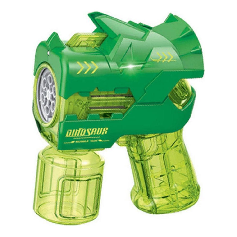 Pistola sparabolle verde a forma di dinosauro con serbatoio trasparente giallo.