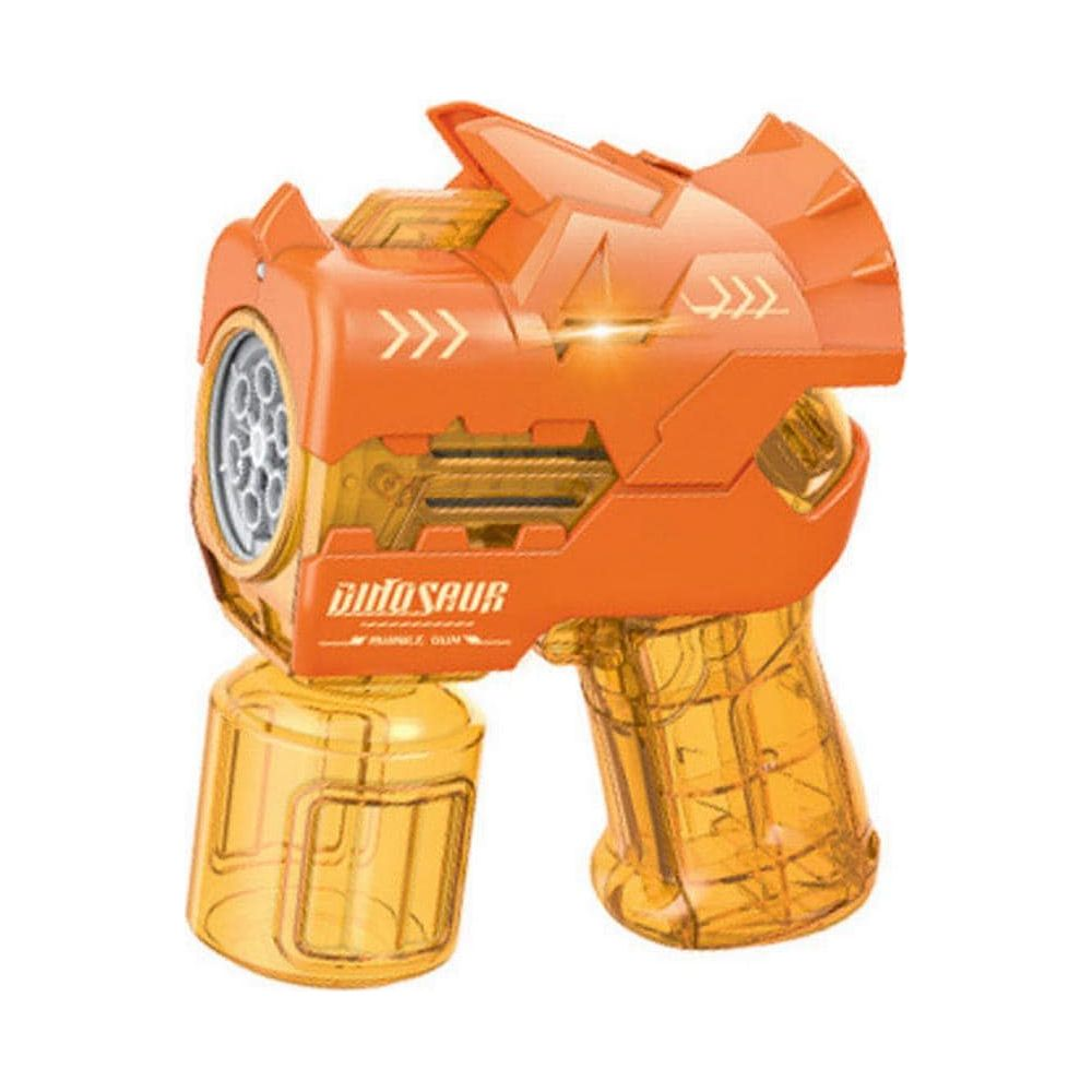 Pistola spara bolle arancione a forma di dinosauro con impugnatura trasparente.