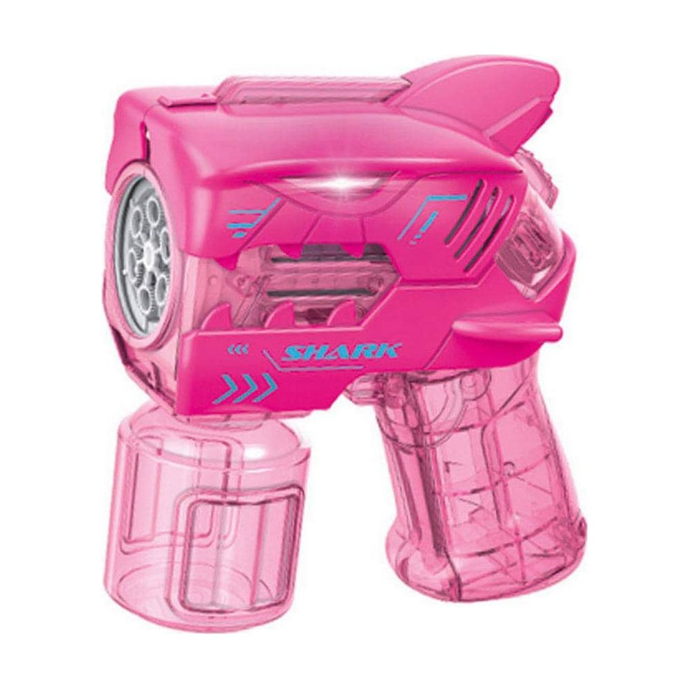 Pistola bolle rosa a forma di squalo con serbatoio trasparente e accenti blu.