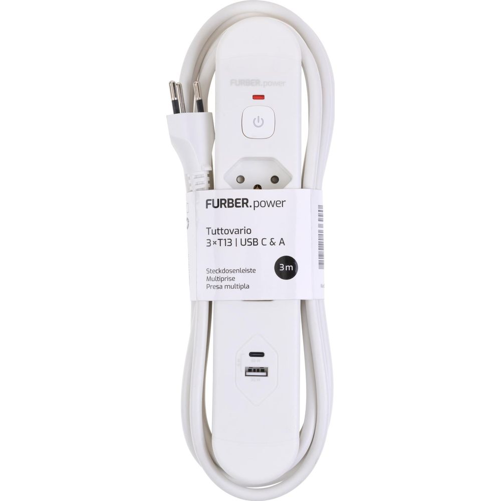 Ein weißes 3m Stromkabel mit 3 Steckdosen und 2 USB-Anschlüssen.