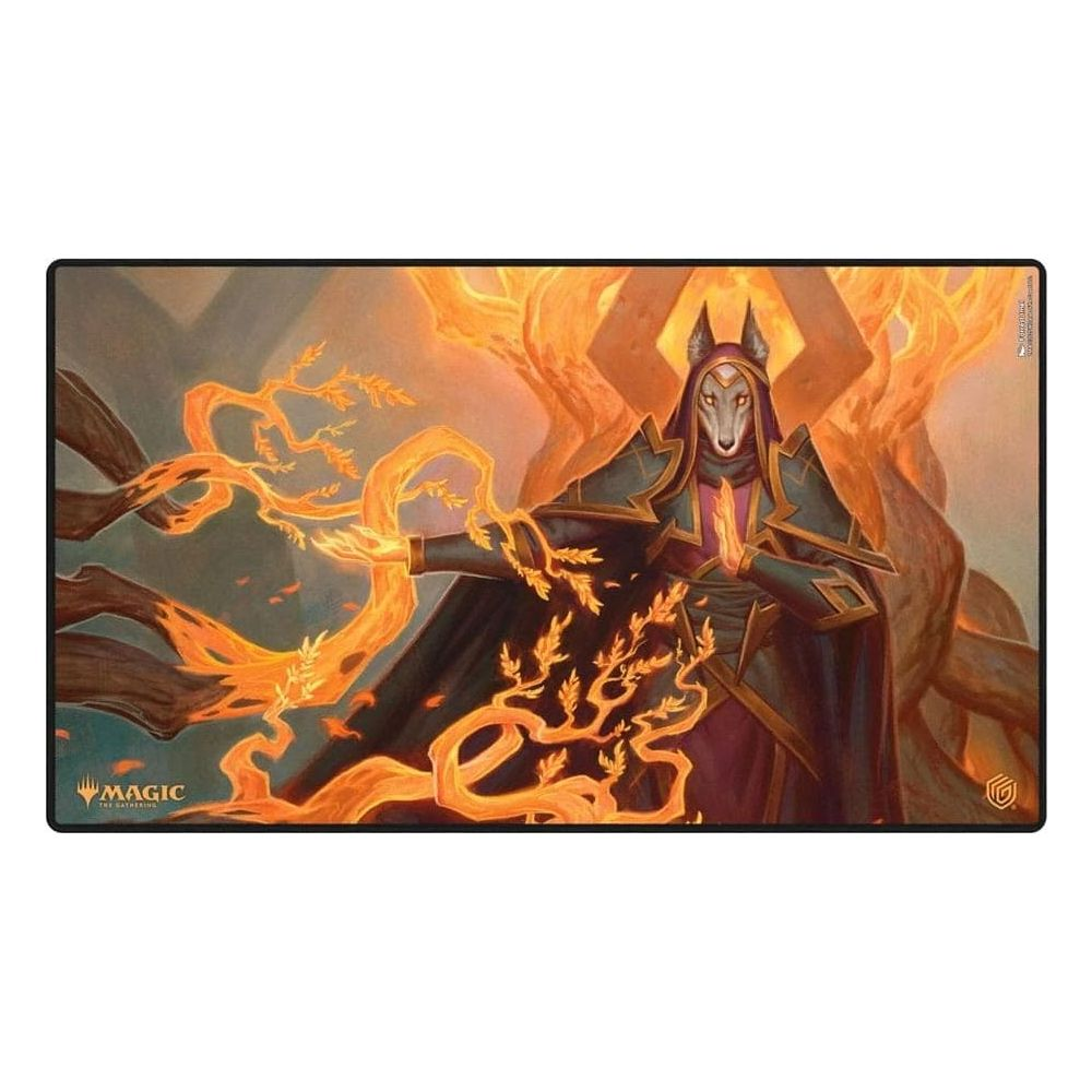 Un mage-loup en robe sombre invoque du feu dans une forêt.