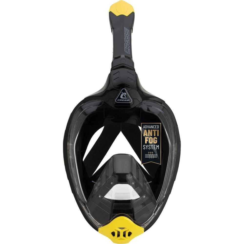 Schwarze Tauchmaske mit gelben Akzenten und Anti-Beschlag-System.