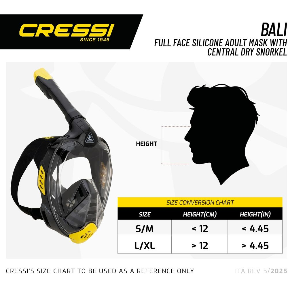 Cressi Bali Vollgesichtsmaske mit Trockenschnorchel, Größentabelle.