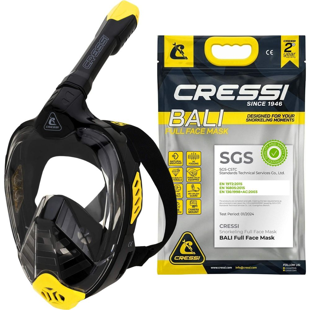Schwarze Cressi Bali Vollgesichts-Schnorchelmaske mit gelben Akzenten und Verpackung.