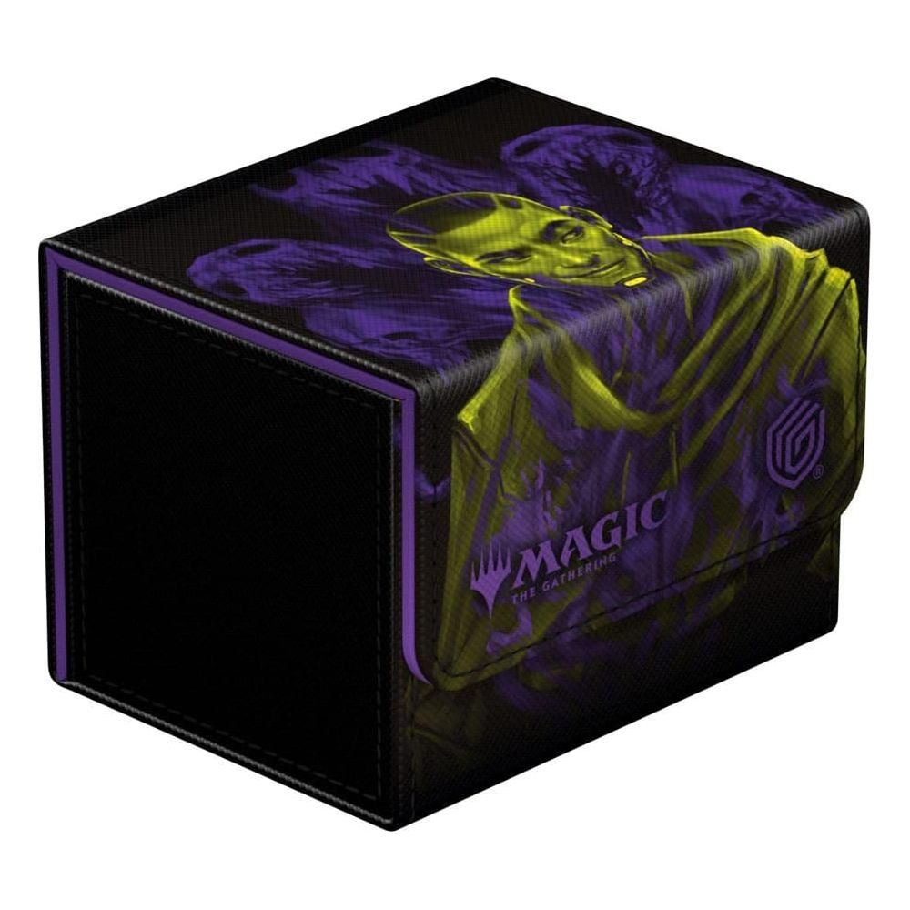 Boîte à cartes noire avec art homme jaune/violet et logo Magic.