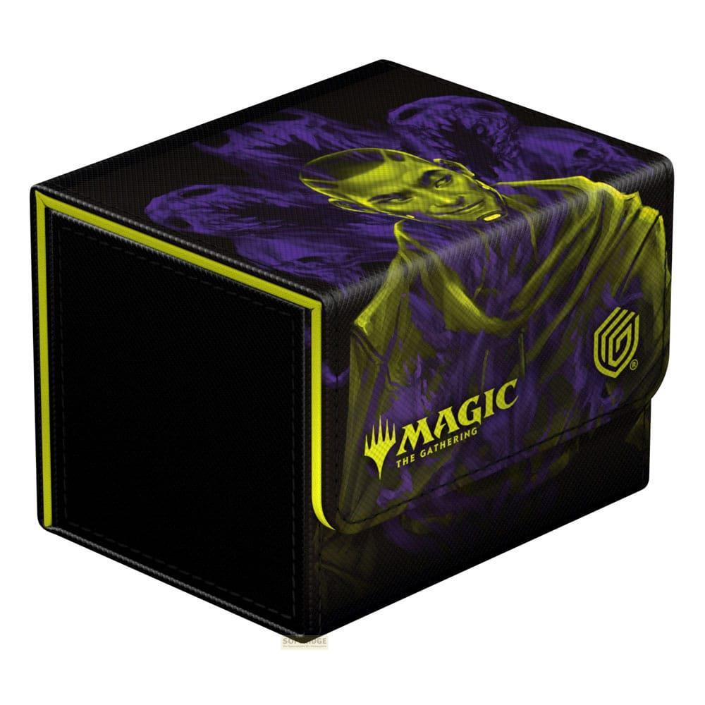 Boîte de deck noire avec art Magic The Gathering jaune et violet d'une figure.