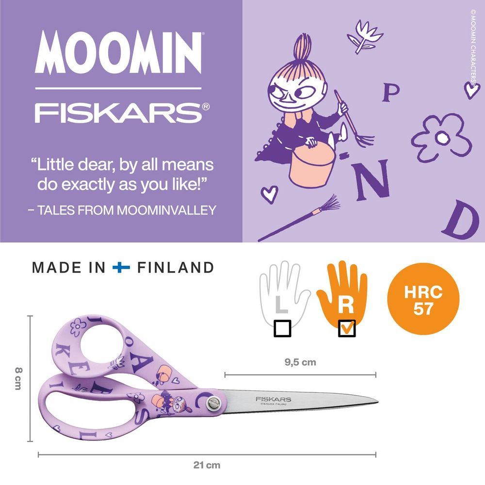 Lila Moomin-Schere mit Buchstaben und Figuren, 21 cm lang, 8 cm hoch.