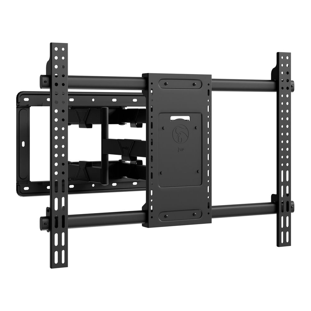 Support mural TV noir avec bras et rails réglables.