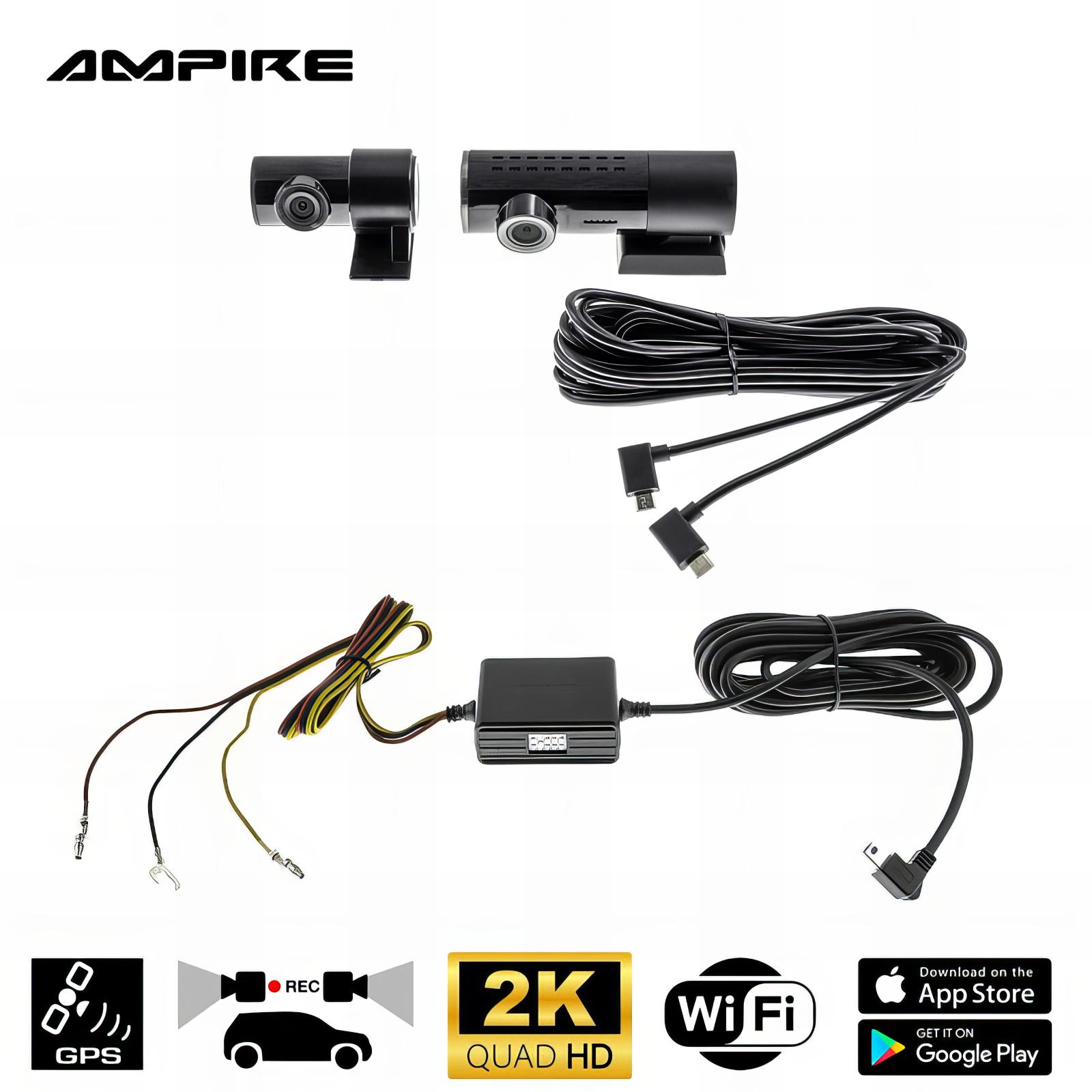 Zwei schwarze Dashcams, Kabel, ein Steuergerät und App-Store-Logos.