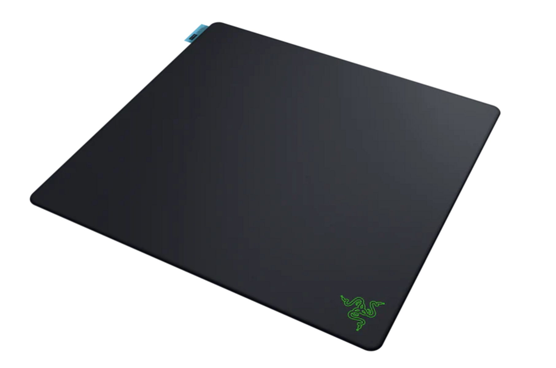 Schwarzes Razer Gaming-Mauspad mit grünem Logo und blauem Etikett oben.