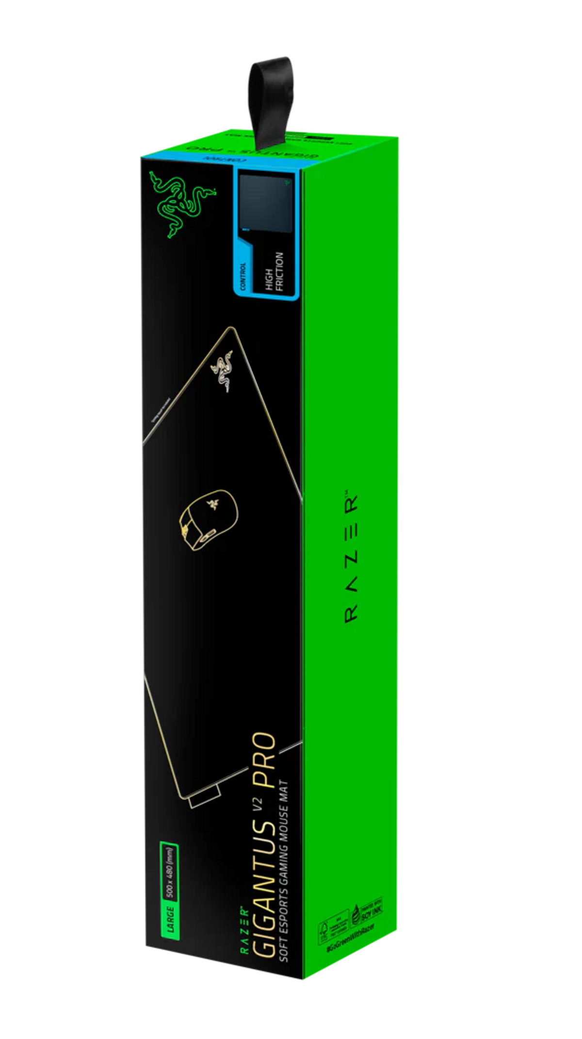Razer Gigantus V2 Pro Mauspad-Verpackung. Grüne Box mit schwarzen und goldenen Akzenten.