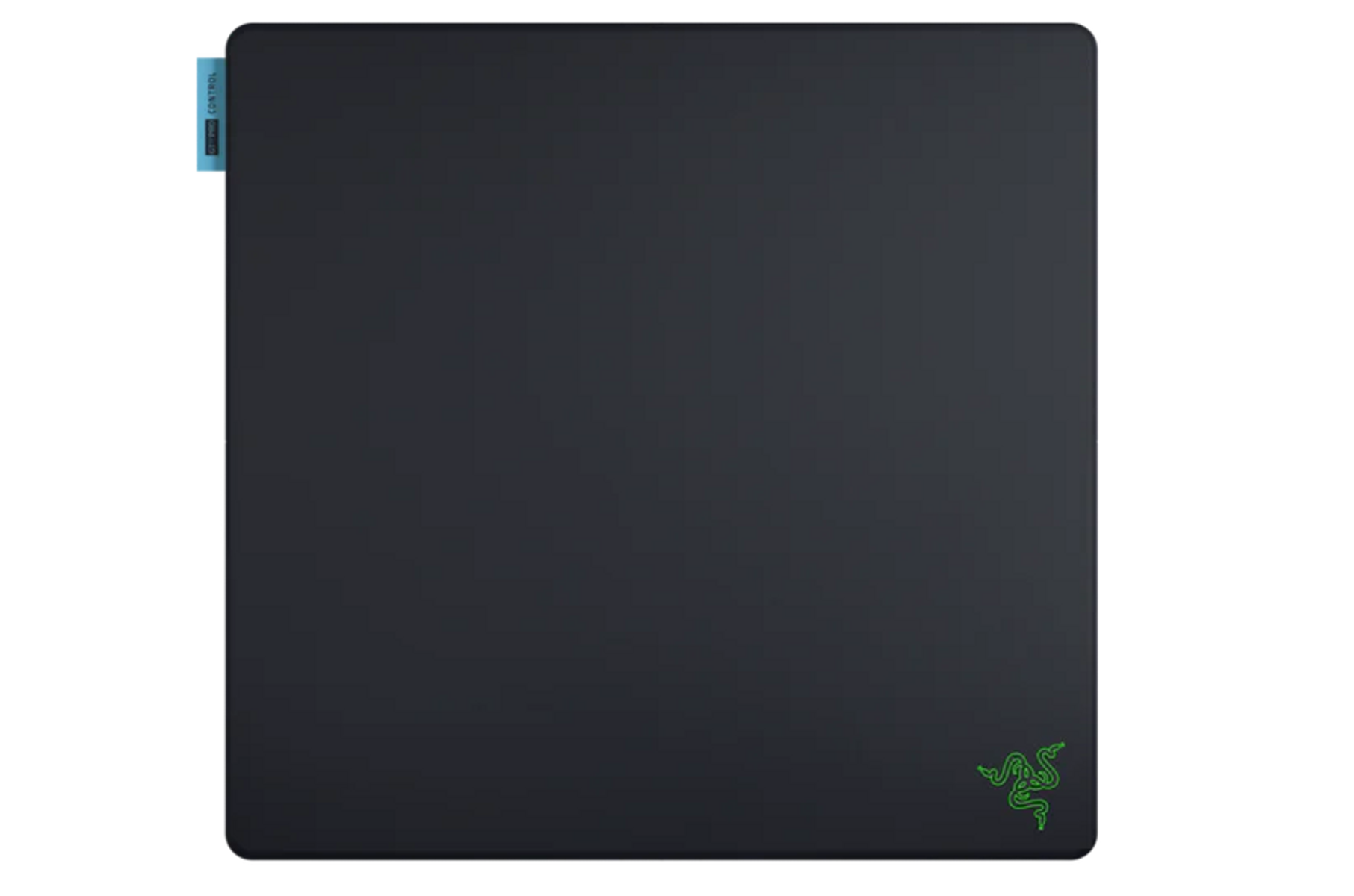Schwarzes Mauspädl mit blauem Etikett und grünem Logo.