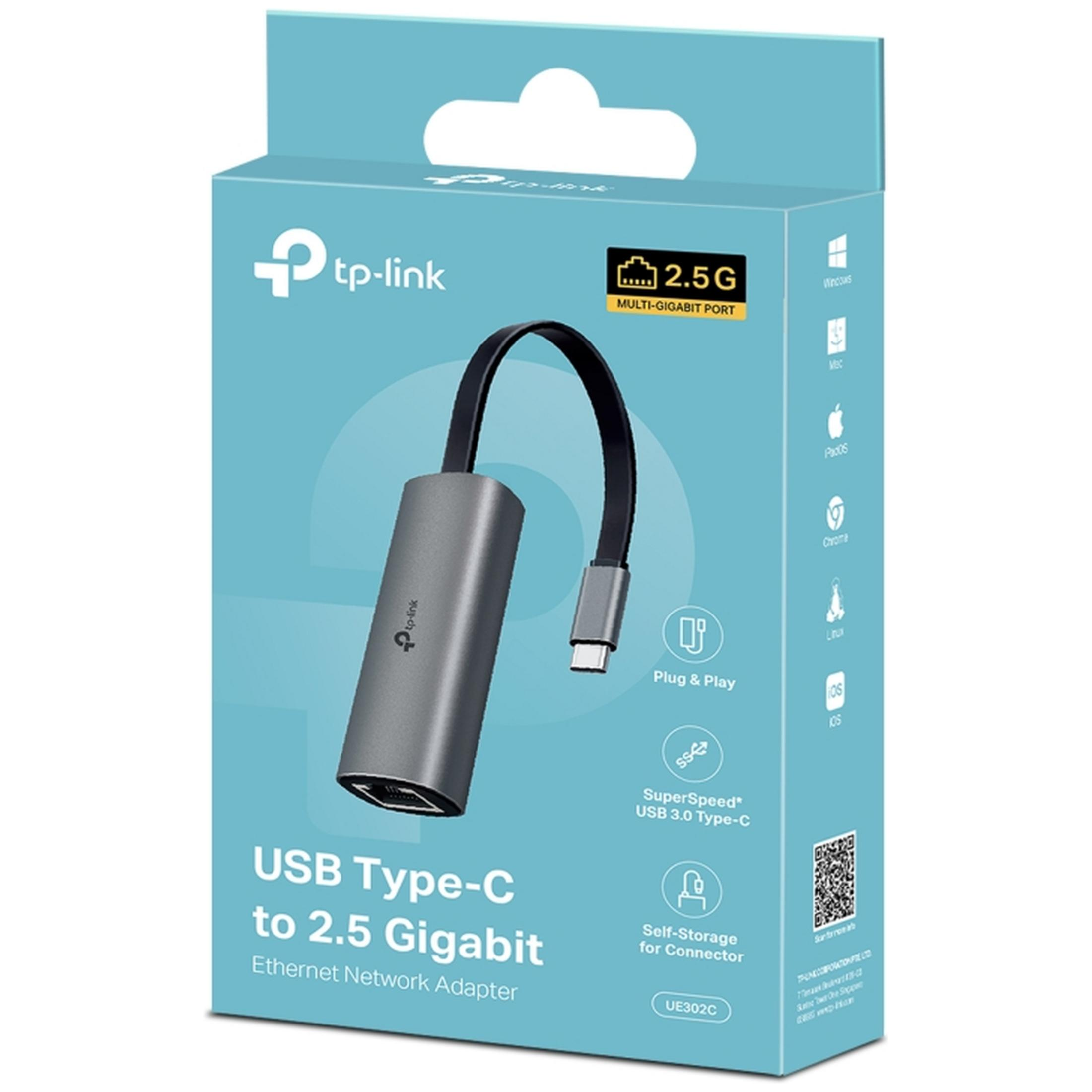 TP-Link USB-C zu 2,5 Gigabit Ethernet Adapter-Box, zeigt Adapter mit USB-C und Ethernet-Anschlüssen.