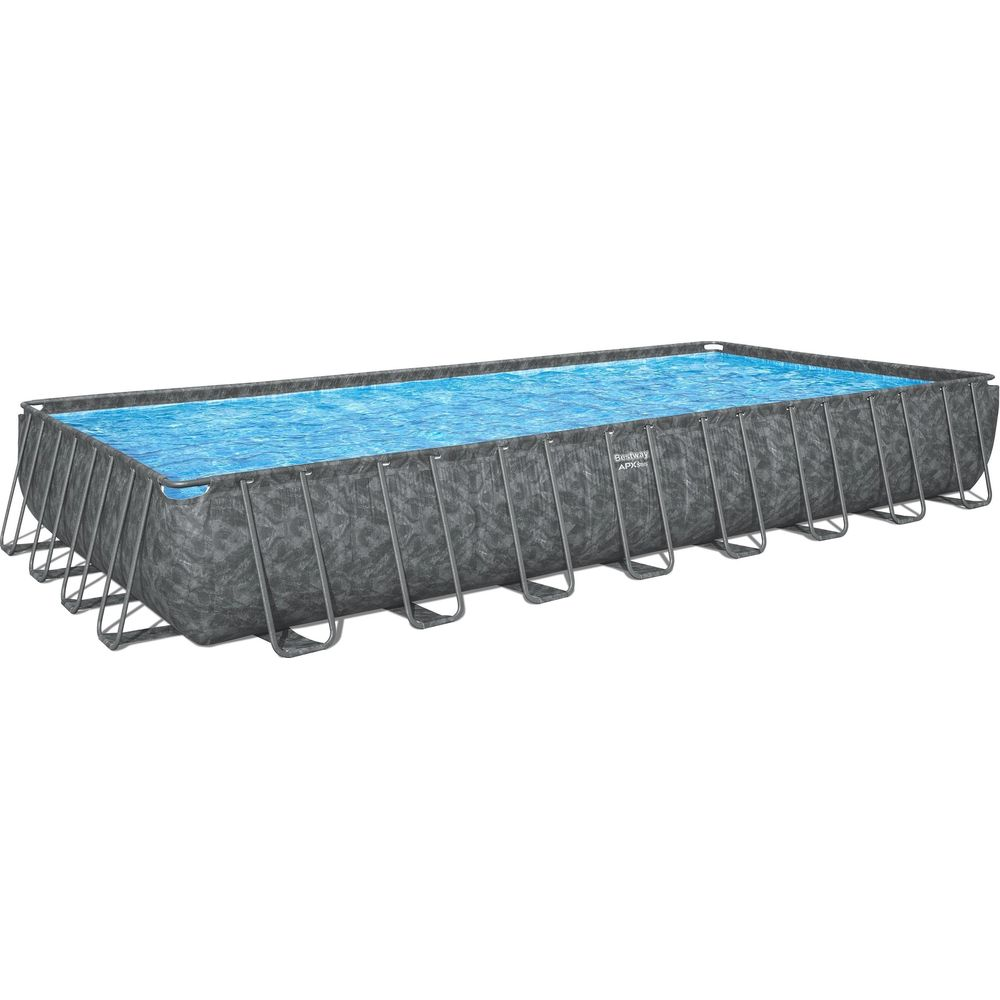 Une piscine rectangulaire à cadre métallique à motif gris, remplie d'eau bleue.