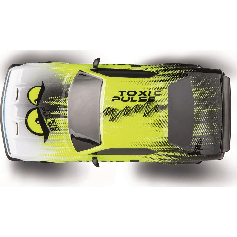 Ein gelber und weißer RC-Car mit schwarzer Schrift und Muster.
