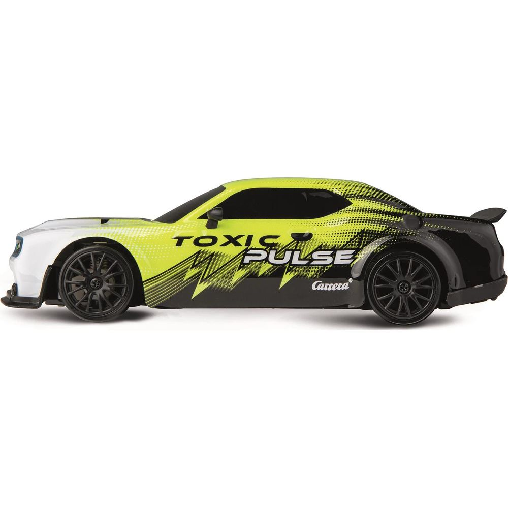Ein gelb-schwarzes Spielzeugauto mit weißer Front und dem Schriftzug 'TOXIC PULSE'.