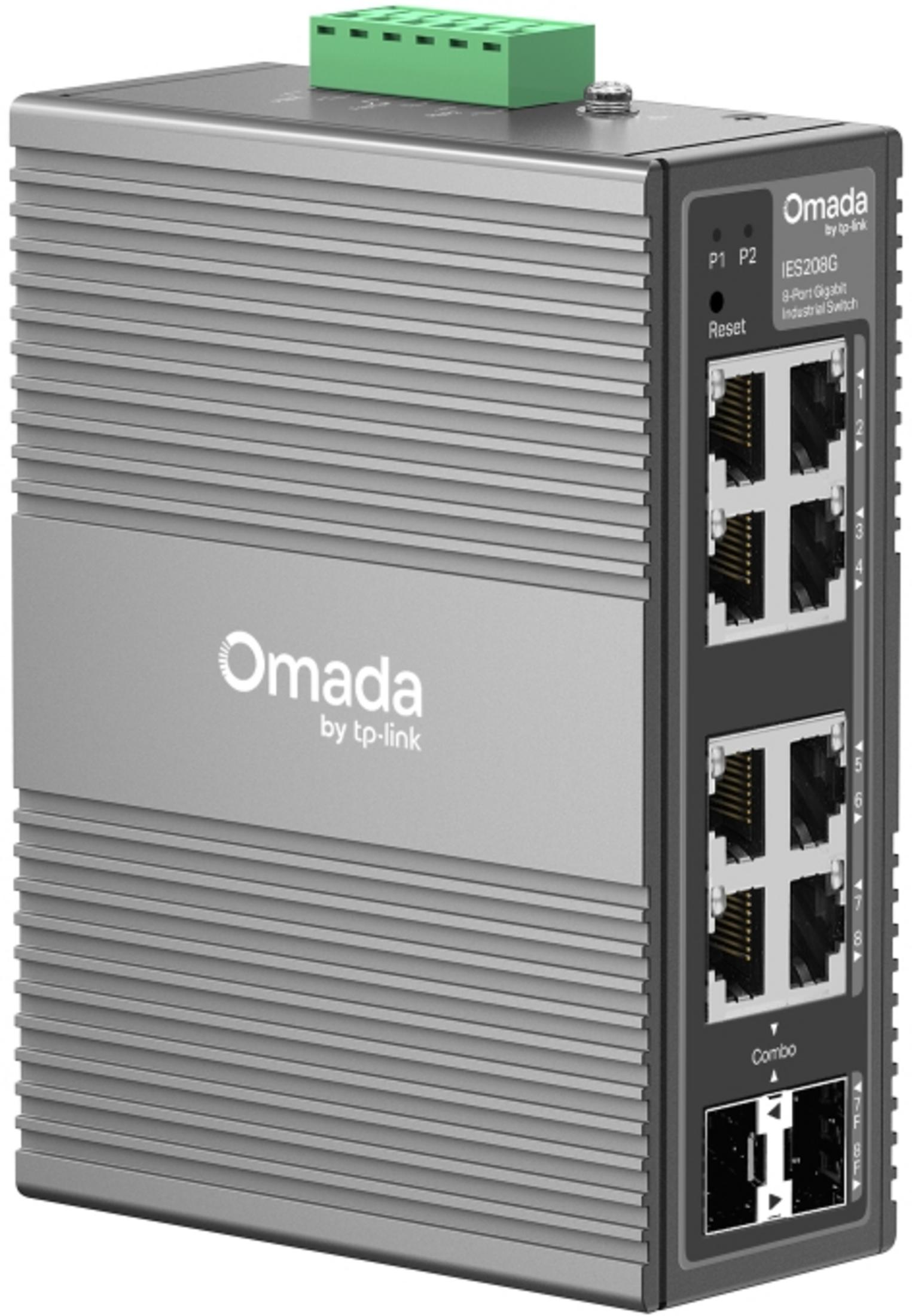 Ein graues Omada Gigabit Industrie-Switch mit 8 Ports und grünen Anschlüssen oben.
