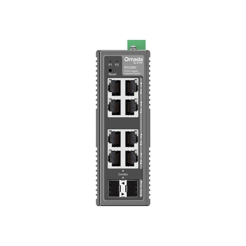 Grauer Omada 8-Port Gigabit Industrie-Switch mit Reset-Knopf und Combo-Ports.