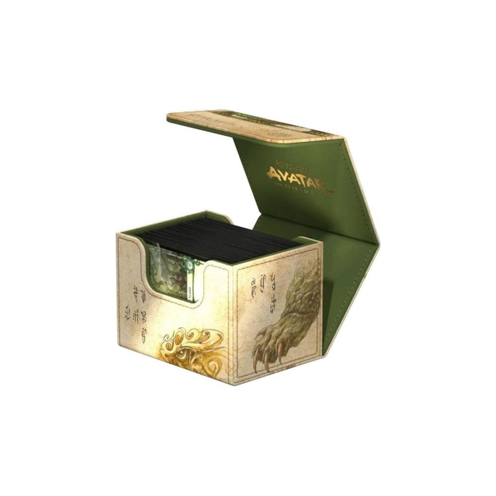 Une boîte de jeu de cartes verte ouverte avec logo Avatar et symboles asiatiques.