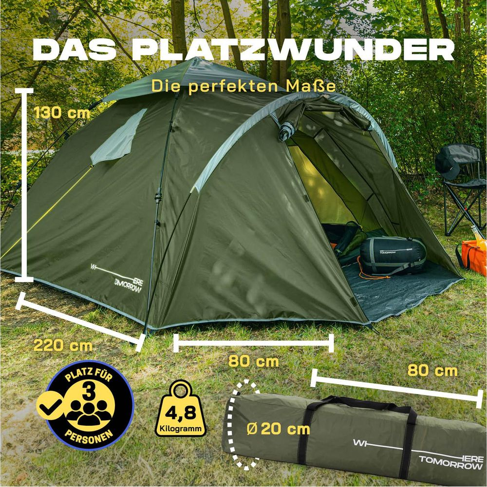 Grünes Zelt für 3 Personen mit Maßen 220x80x130cm, 4,8kg, Ø20cm Packmaß.