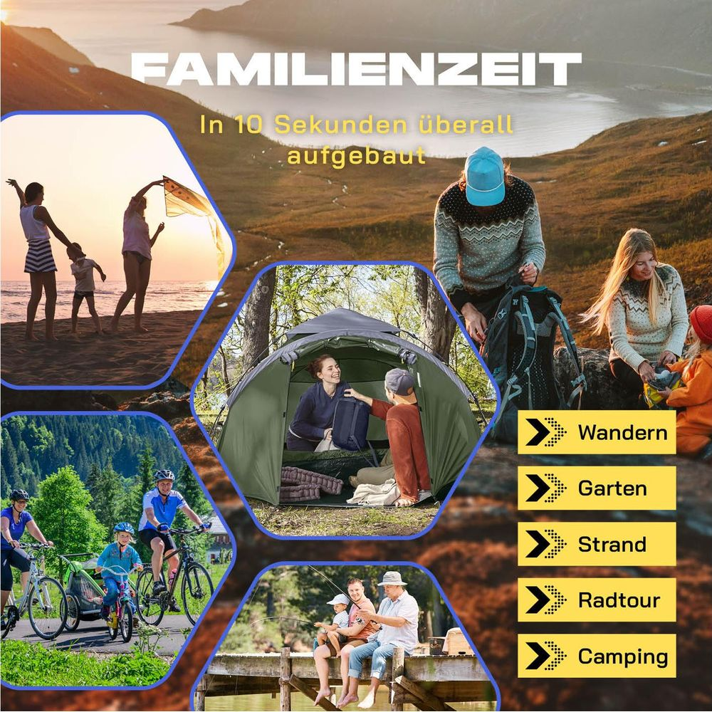 Collage zeigt Familienaktivitäten: Strand, Zeltaufbau, Radfahren, Angeln.