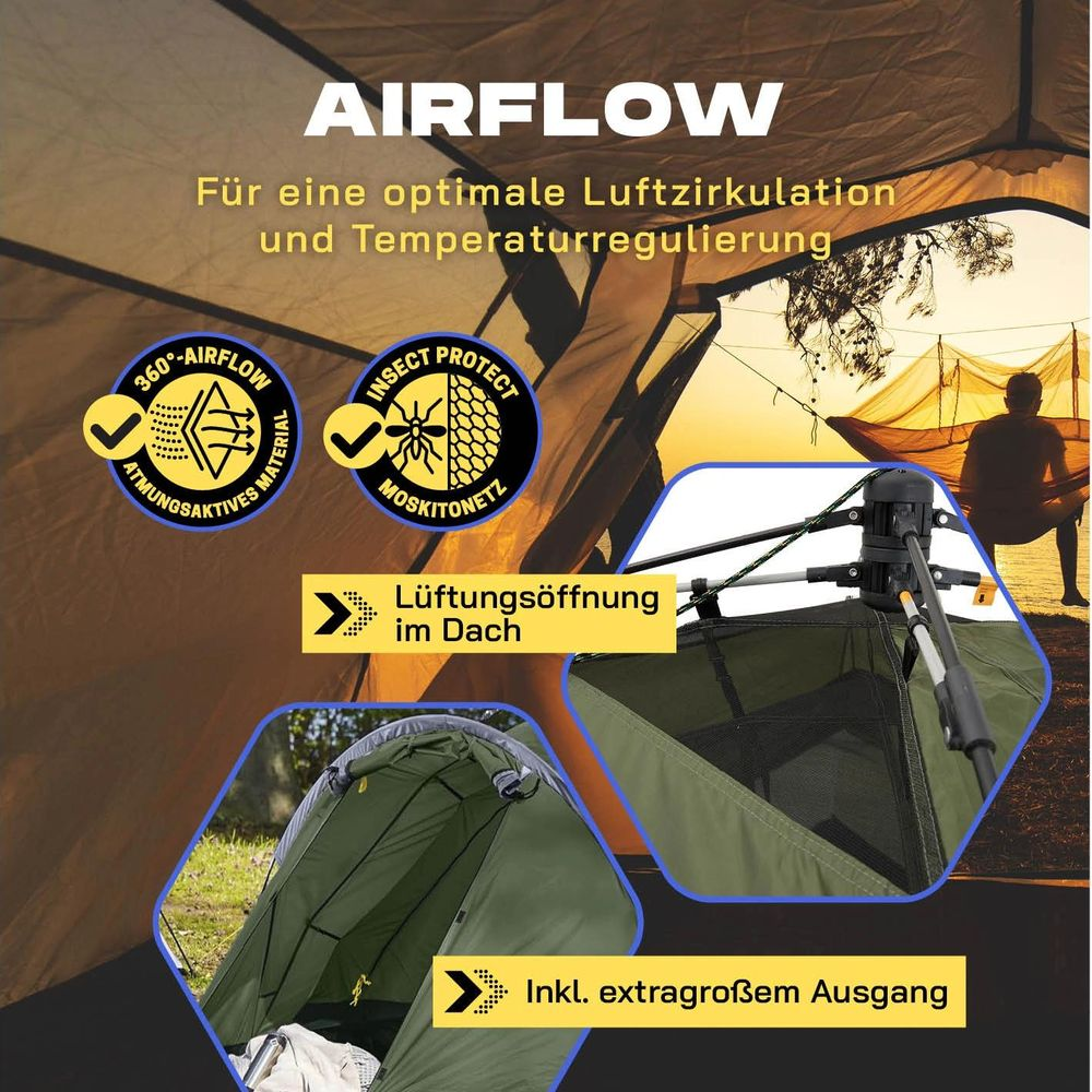 Ein Zelt mit "AIRFLOW"-Logo, das Lüftungsöffnungen und atmungsaktives Material zeigt.