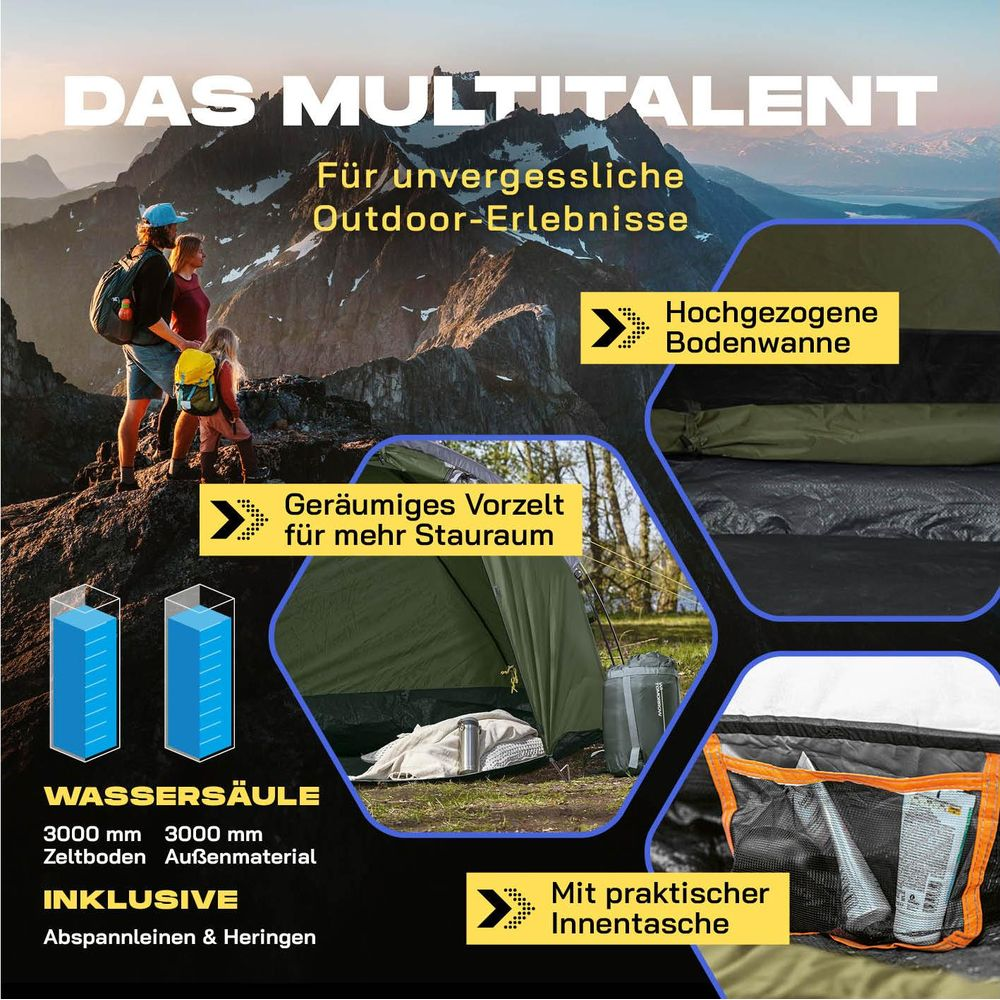 Familie in Berglandschaft, Zelt, Wassersäule, Zubehör.