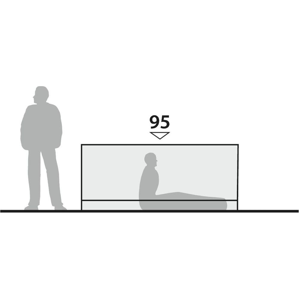 Silhouette di una persona in piedi accanto a una scatola con una persona seduta all'interno. Numero 95 sopra.