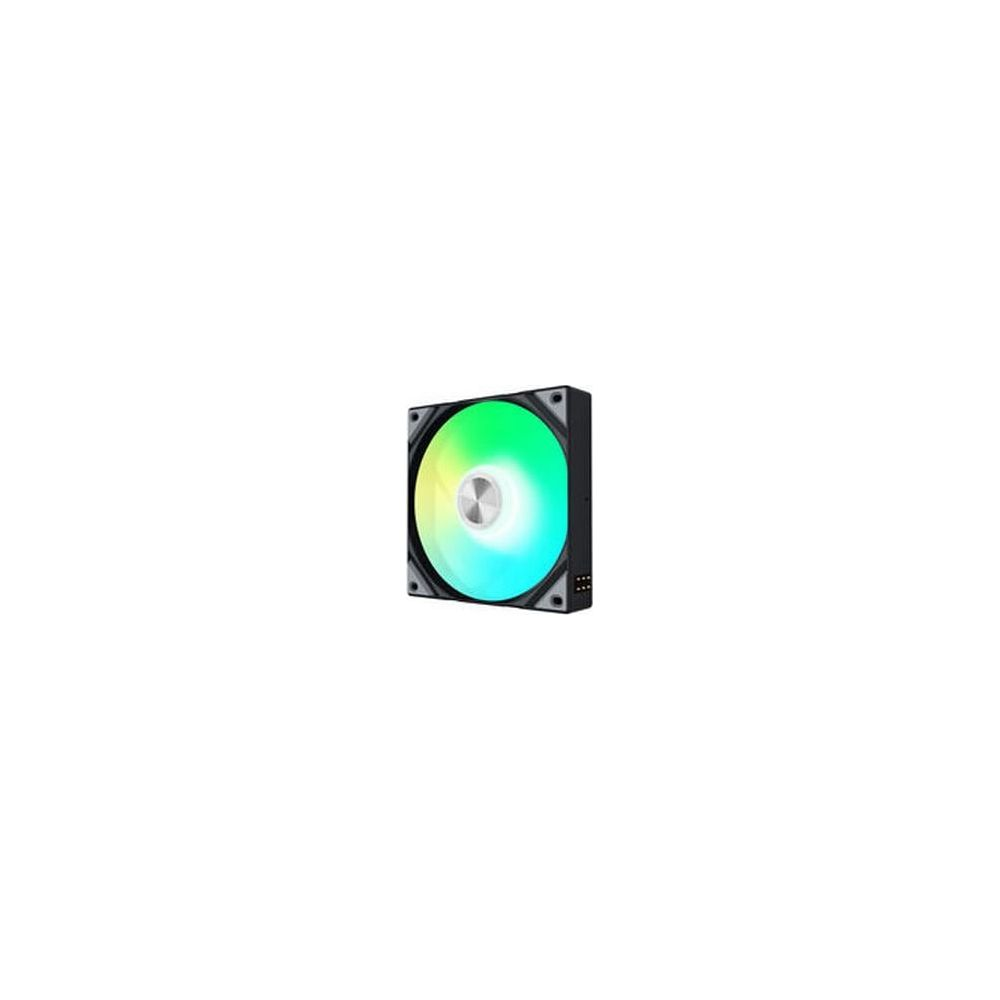 Ein schwarzer Computerlüfter mit bunten RGB-Lichtern, die die Rotorblätter beleuchten.